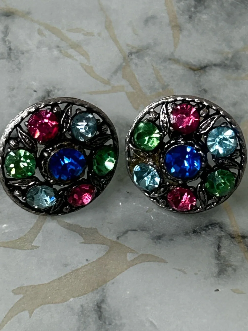 Vintage Multicolor Rhinestone Clip-On Earrings Silver Retro Statement Jewelry